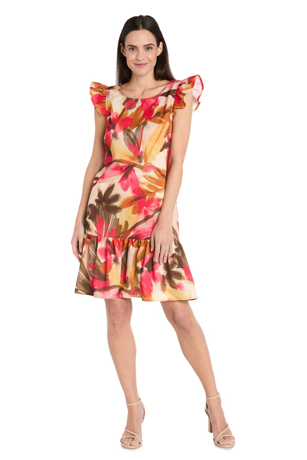 r&m richards Floral Ruffle-Sleeve Linen Dress