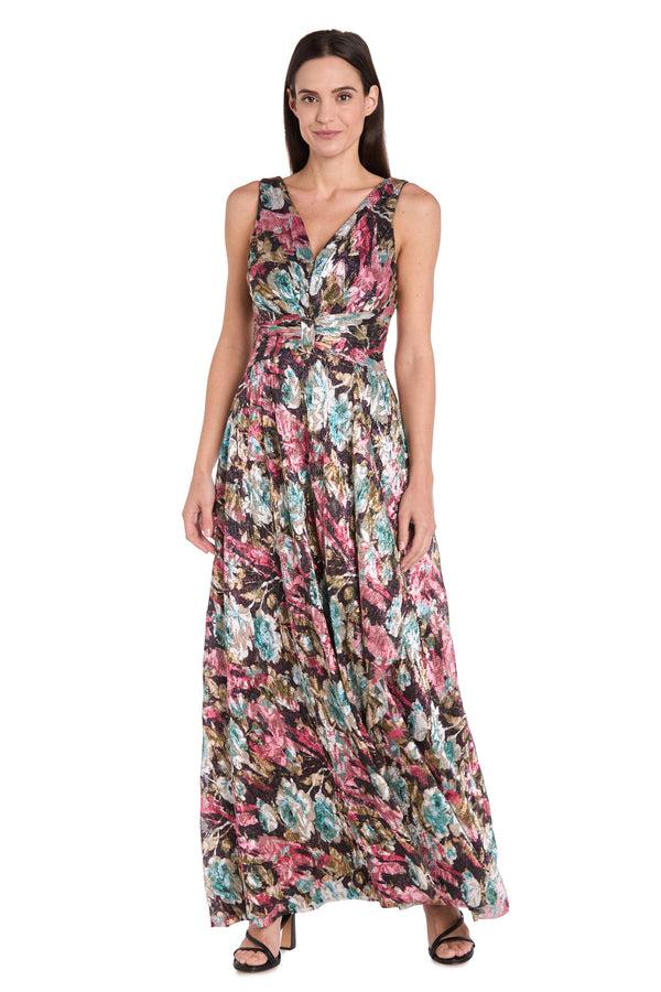 r&m richards Metallic Bloom Sleeveless Gown