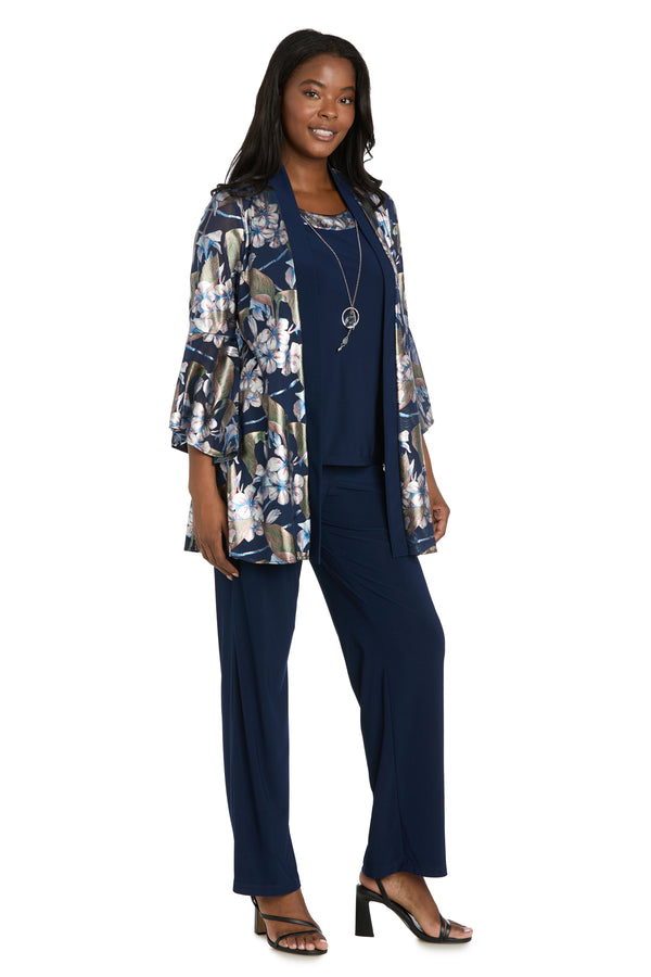R&m Richards Navy Blossom Two-Piece Pant Suit