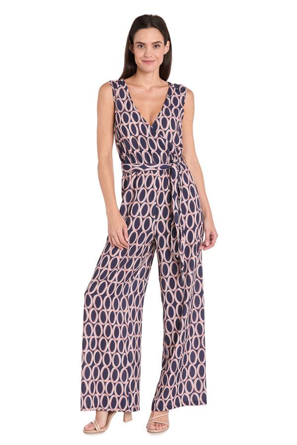 r&m richards Navy & Tan Circle Print Jumpsuit