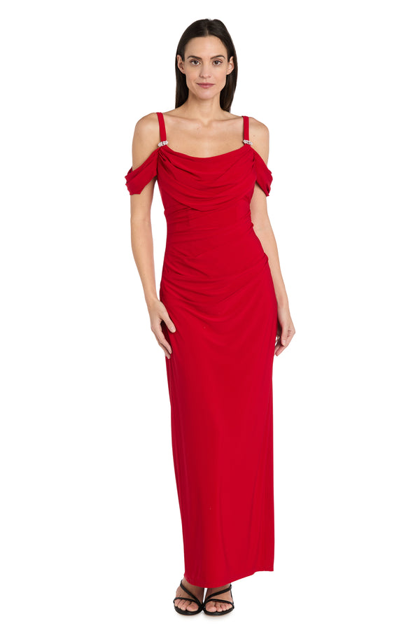 r&m richards Rhinestone Drape Off-Shoulder Gown