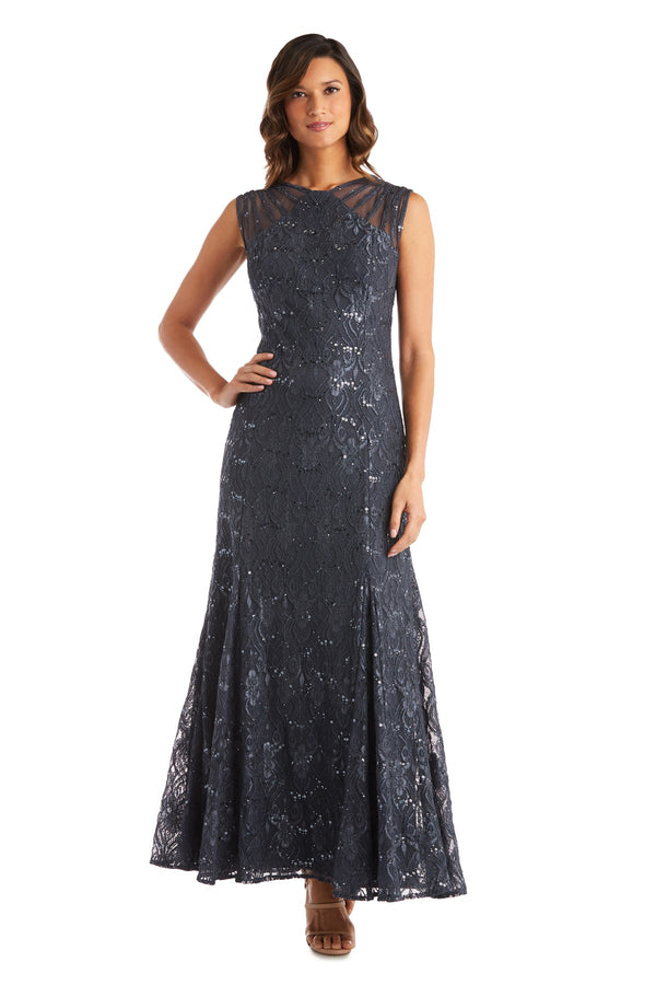 r&m richards Sequined Lace Gown with Sheer Inserts