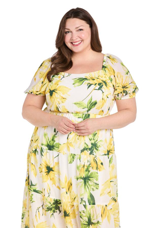 R&m Richards Sunflower Linen Midi Dress - Plus
