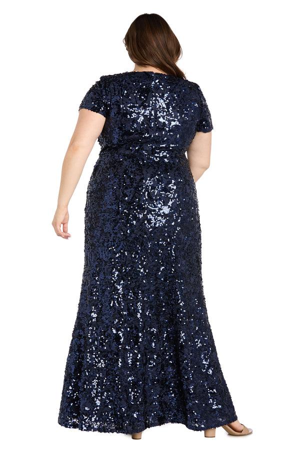 R&m Richards Radiant Bloom: Sequin Gown With High Slit And Floral Shoulder Accent - Plus