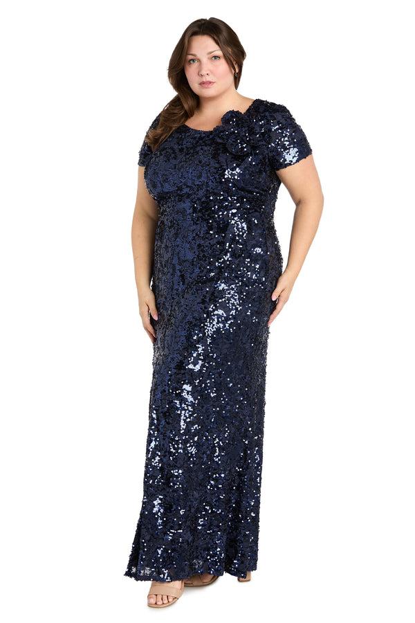R&m Richards Radiant Bloom: Sequin Gown With High Slit And Floral Shoulder Accent - Plus