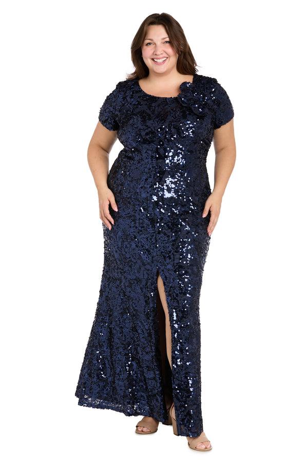 r&m richards Radiant Bloom: Sequin Gown with High Slit and Floral Shoulder Accent - Plus