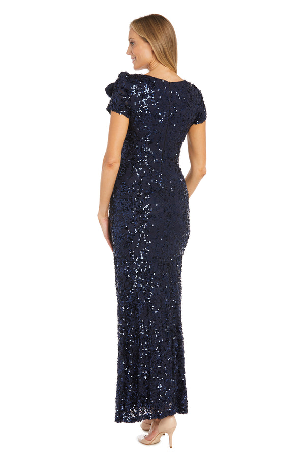 R&m Richards Radiant Bloom: Sequin Gown With High Slit And Floral Shoulder Accent - Petite