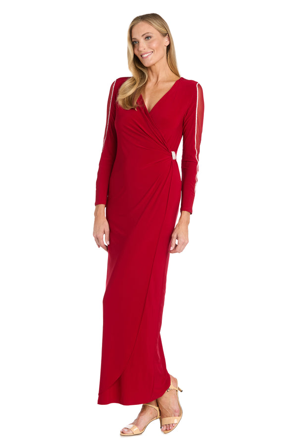 r&m richards Rhinestone-Trimmed Illusion Shoulder Gown with Side Waist Detail