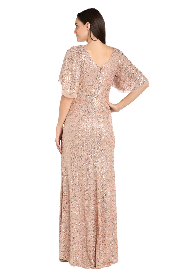 R&m Richards Rose Gold Sequin Gown With Flutter Sleeves