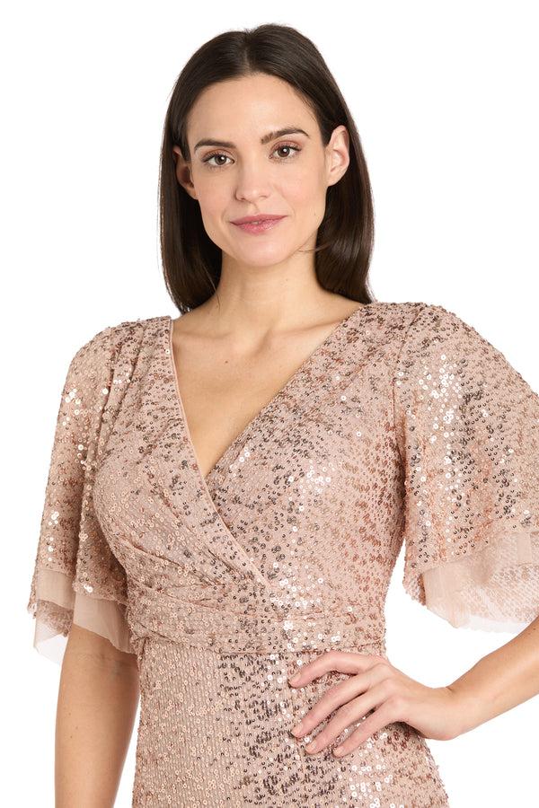 R&m Richards Rose Gold Sequin Gown With Flutter Sleeves