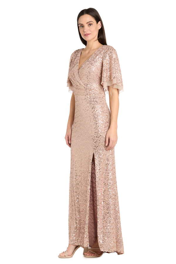 R&m Richards Rose Gold Sequin Gown With Flutter Sleeves