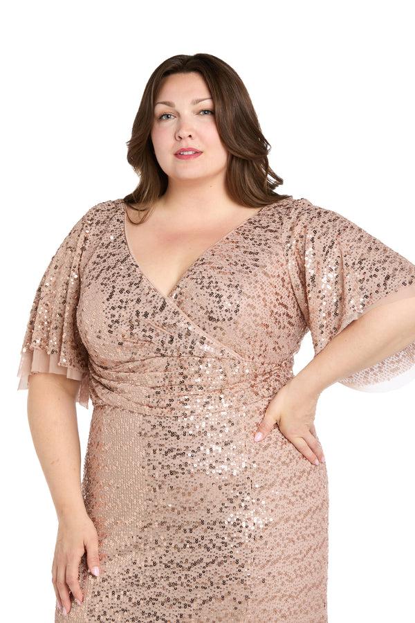 R&m Richards Rose Gold Sequin Gown With Flutter Sleeves - Plus