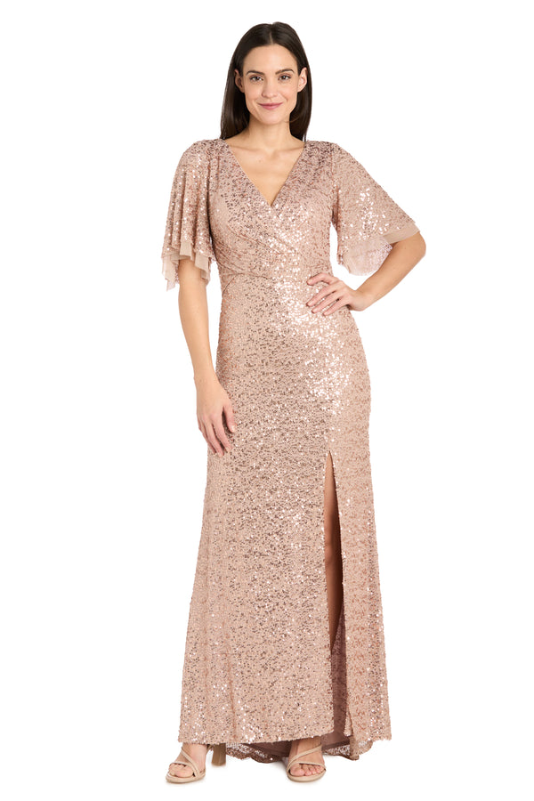 r&m richards Rose Gold Sequin Gown with Flutter Sleeves