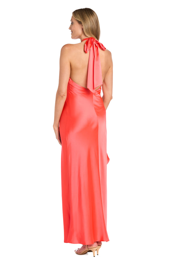 R&m Richards Ruffled Elegance: Satin High Neck Halter Dress With Dramatic Slit