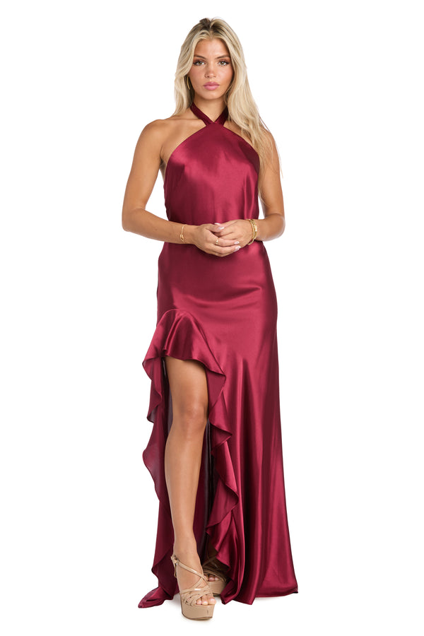 R&m Richards Ruffled Elegance: Satin High Neck Halter Dress With Dramatic Slit