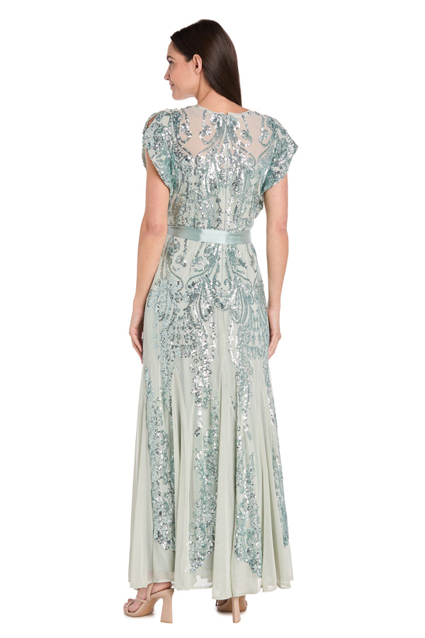 R&m Richards Sage Sequin Godet Gown With Satin Bow - Petite