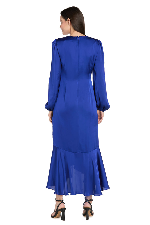 R&m Richards Satin Dress With Bell Sleeves And Rhinestone Buckle Belt