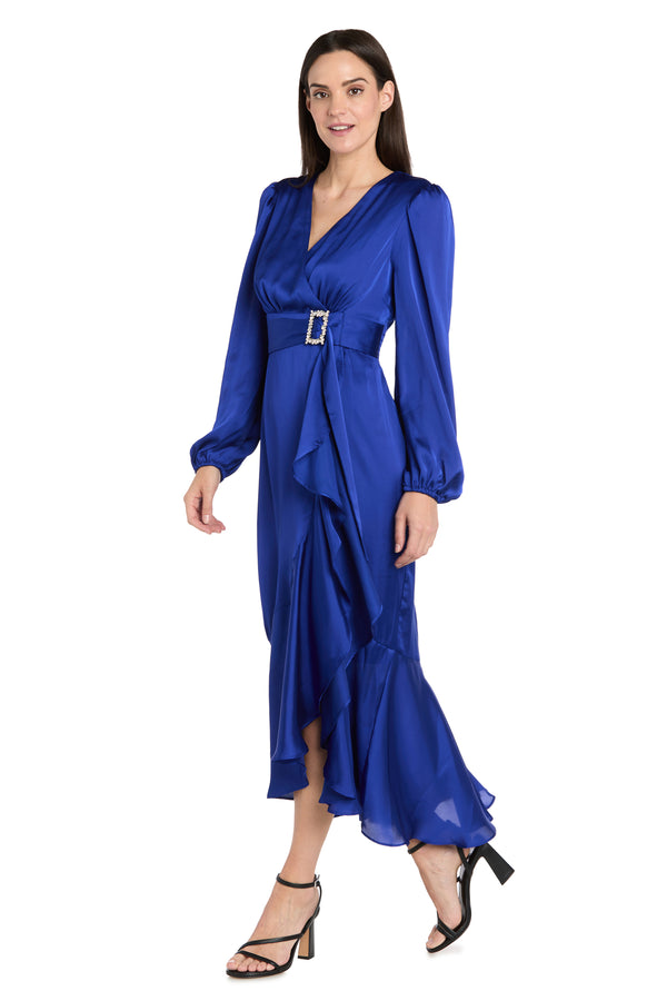 R&m Richards Satin Dress With Bell Sleeves And Rhinestone Buckle Belt