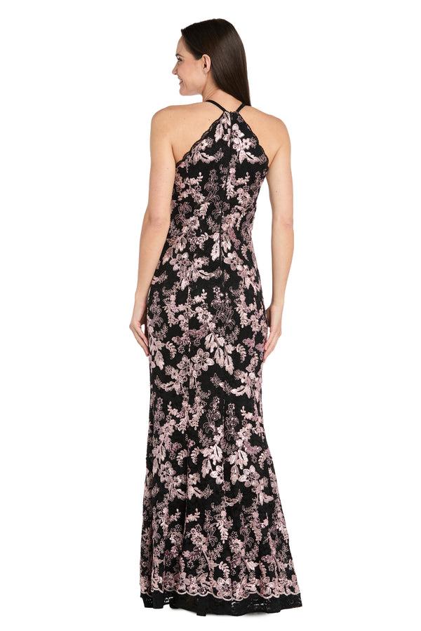 R&m Richards Scarf-Halter Two-Tone Embroidered Sequin Corded Lace Dress