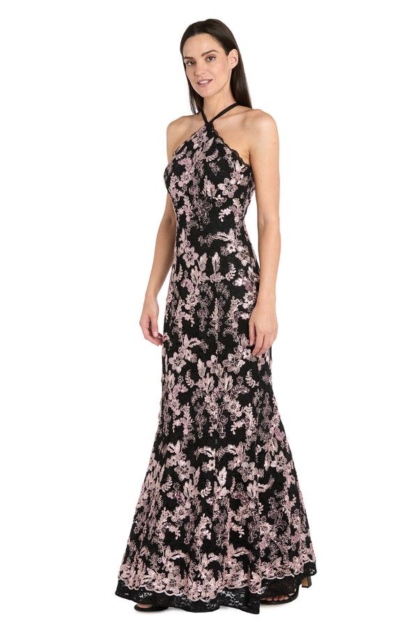 R&m Richards Scarf-Halter Two-Tone Embroidered Sequin Corded Lace Dress