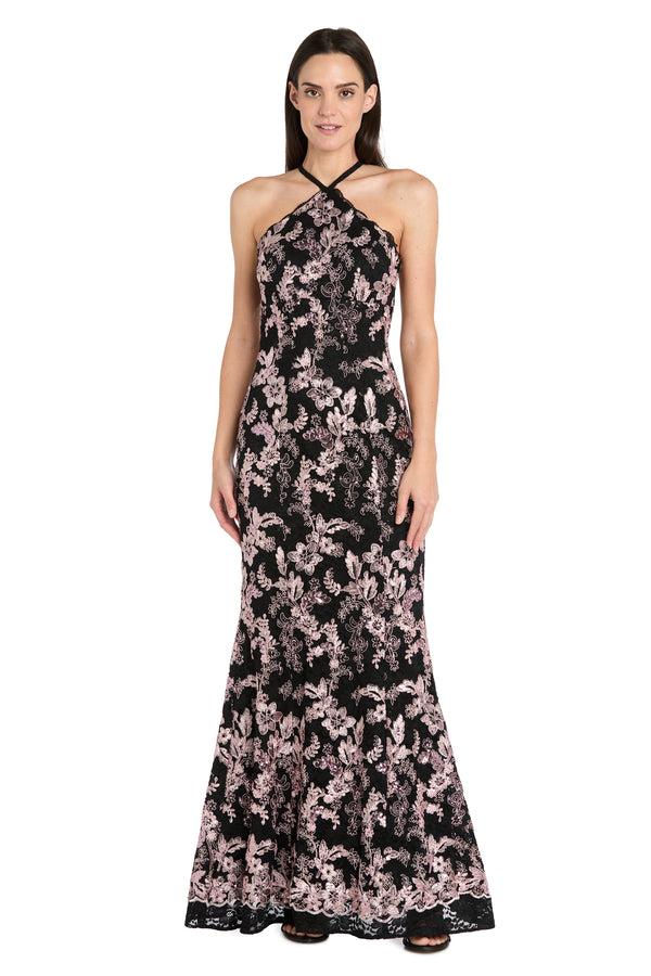 r&m richards Scarf-Halter Two-Tone Embroidered Sequin Corded Lace Dress