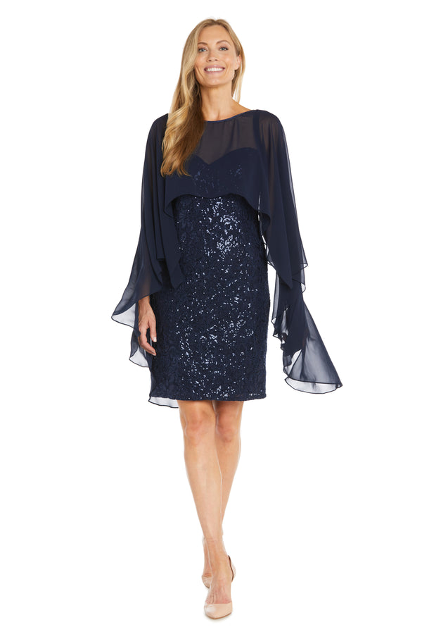 r&m richards Sequin Cocktail Dress with Sheer Chiffon Cape
