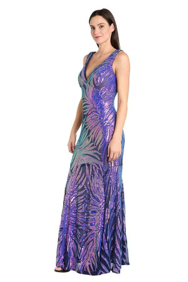 R&m Richards Sequin Feather Pattern Fitted Dress With V-Neckline And Godet Skirt - Petite