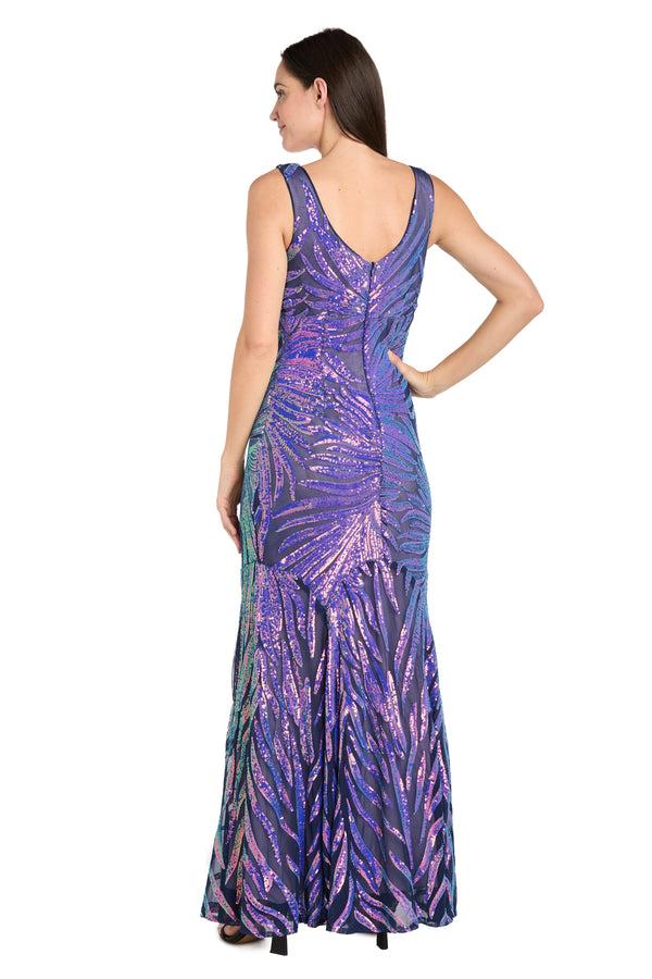 R&m Richards Sequin Feather Pattern Fitted Dress With V-Neckline And Godet Skirt