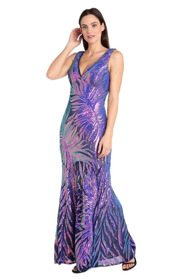 r&m richards Sequin Feather Pattern Fitted Dress with V-Neckline and Godet Skirt