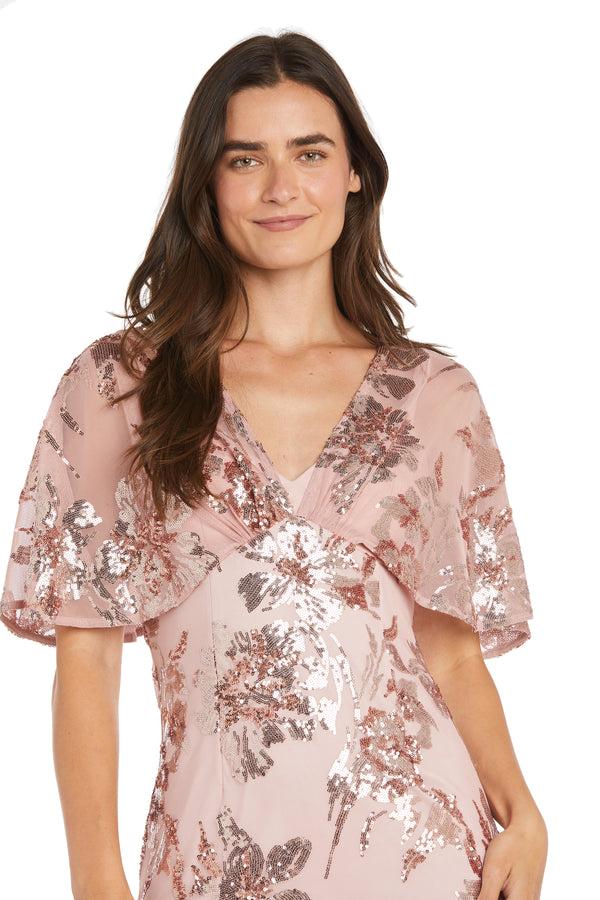 R&m Richards Sequin Floral Cocktail Dress With Sheer Overlay Cape