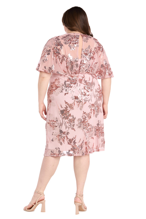 R&m Richards Sequin Floral Cocktail Dress With Sheer Overlay Cape - Plus
