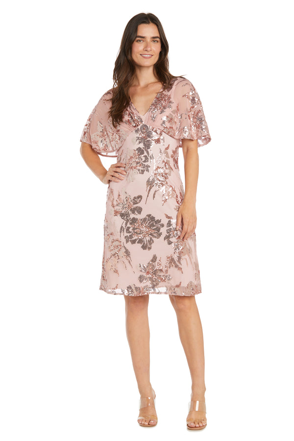 r&m richards Sequin Floral Cocktail Dress with Sheer Overlay Cape