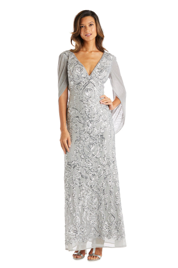 R&m Richards Sequin Gown With Chiffon Wrap Around Cape