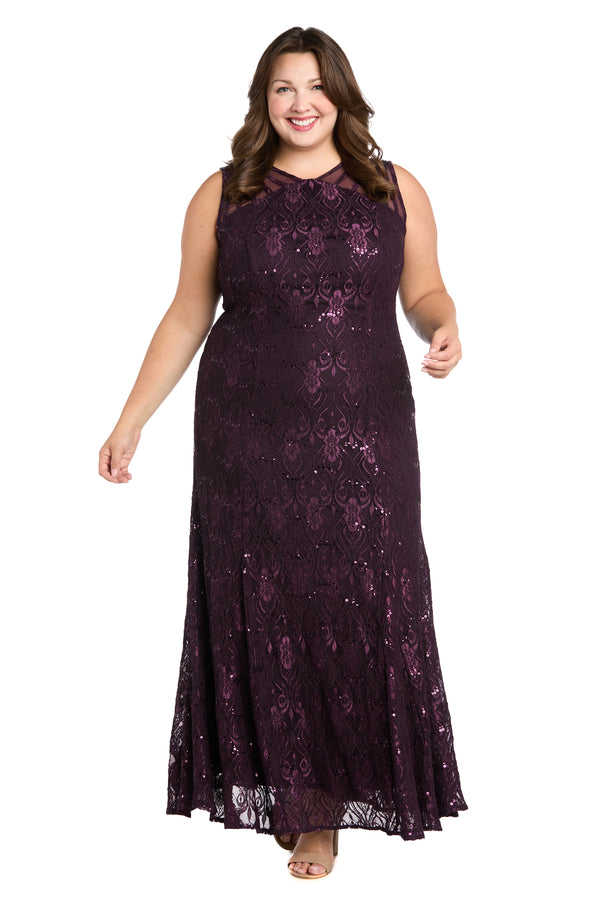 r&m richards Sequined Lace Gown with Sheer Inserts - Plus
