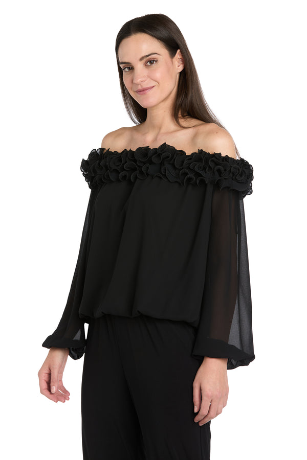 R&m Richards Sheer Off-the-Shoulder Chiffon Top With Ruffled Neckline
