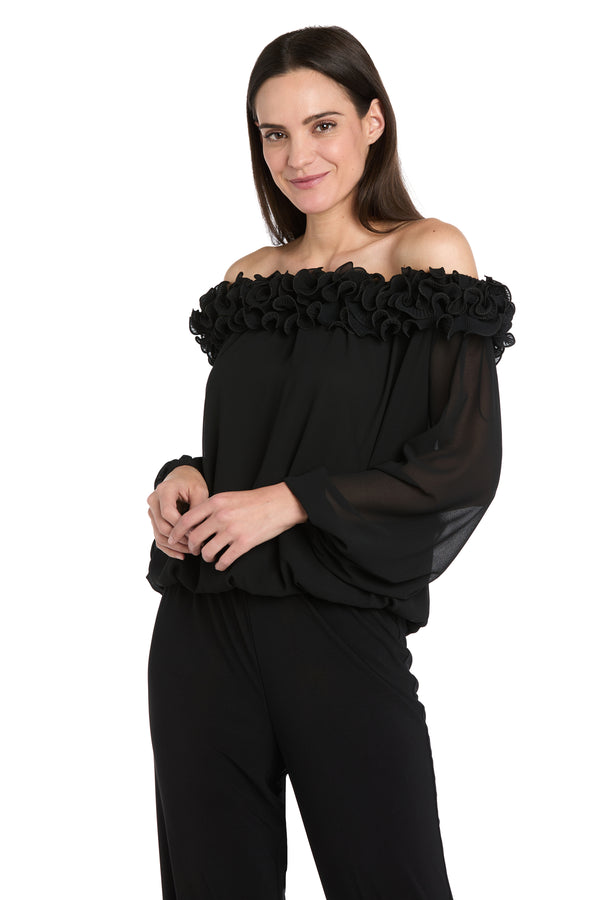 r&m richards Sheer Off-the-Shoulder Chiffon Top with Ruffled Neckline
