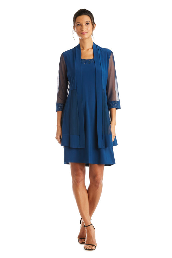 r&m richards Shift Dress with Sparkling Neckline and Soft Jacket with Sheer Sleeves