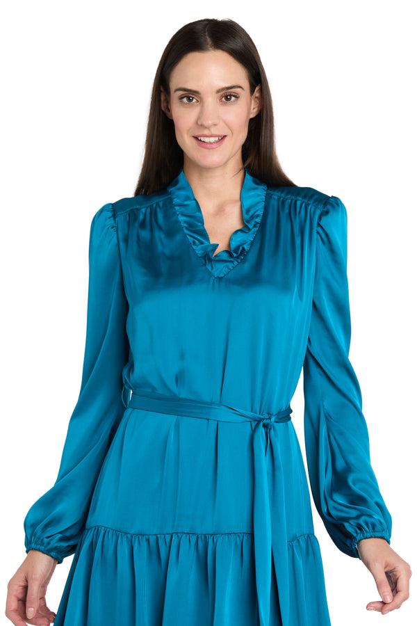 R&m Richards Silky Charmeuse Mini Dress With V-Neckline Belt Sash & Long Sleeves