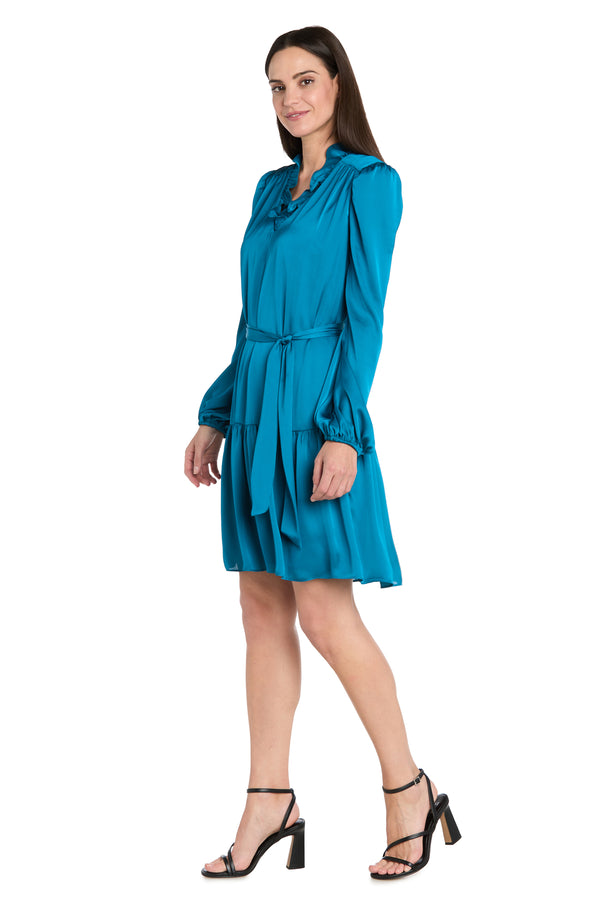 R&m Richards Silky Charmeuse Mini Dress With V-Neckline Belt Sash & Long Sleeves