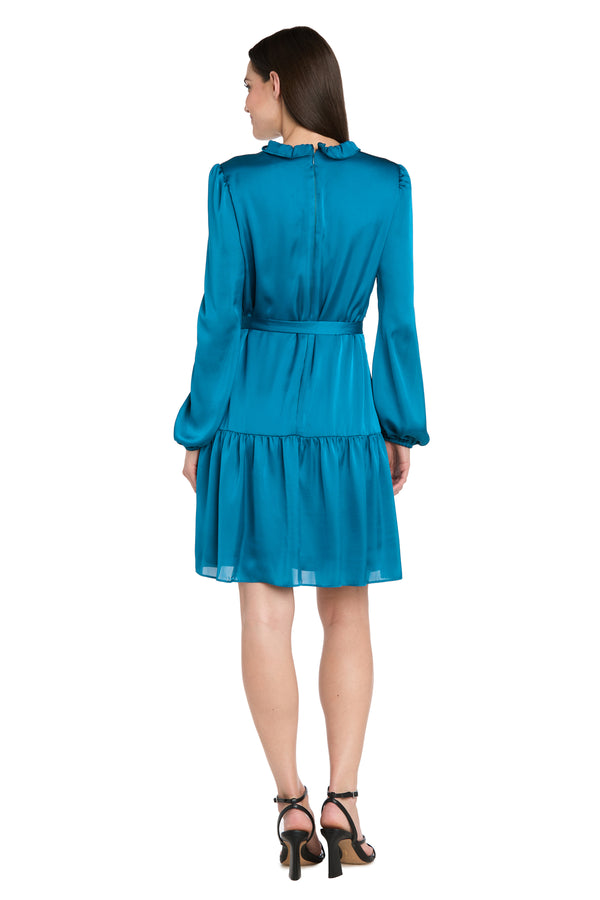 R&m Richards Silky Charmeuse Mini Dress With V-Neckline Belt Sash & Long Sleeves - Petite