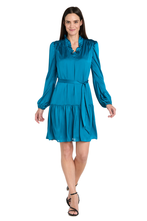 r&m richards Silky Charmeuse Mini Dress with V-Neckline Belt Sash & Long Sleeves