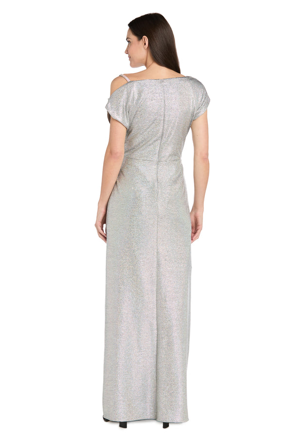 R&m Richards Silver Metallic Gown With Off-Shoulder Sleeve Rhinestone Strap - Petite