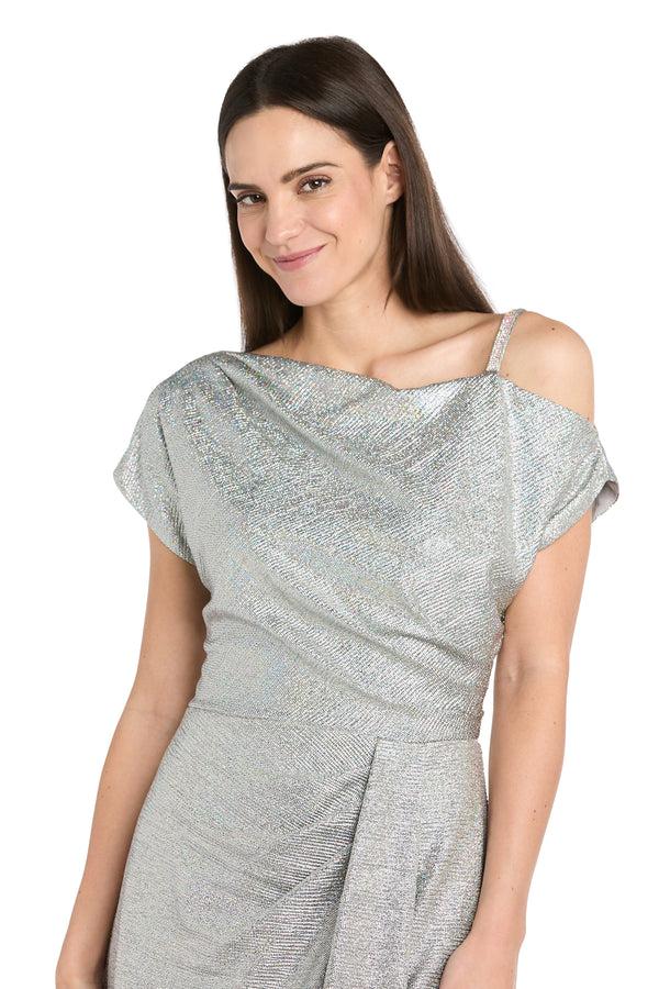 R&m Richards Silver Metallic Gown With Off-Shoulder Sleeve Rhinestone Strap - Petite