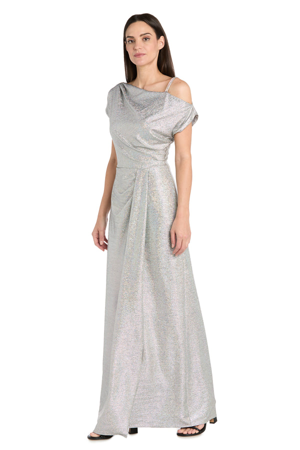 R&m Richards Silver Metallic Gown With Off-Shoulder Sleeve Rhinestone Strap - Petite