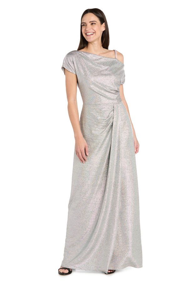 r&m richards Silver Metallic Gown with Off-Shoulder Sleeve Rhinestone Strap