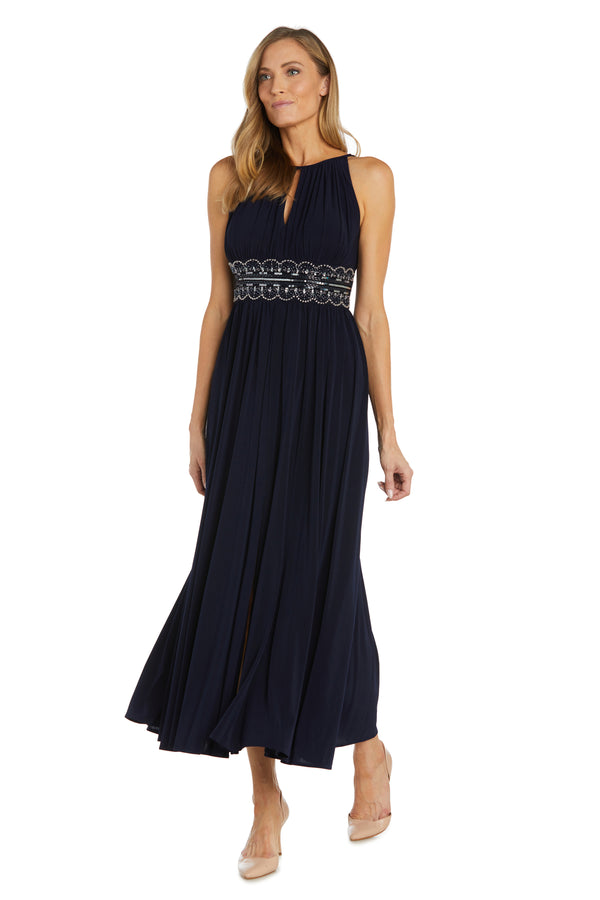 R&m Richards Sleeveless Long Gown With Beaded Waist