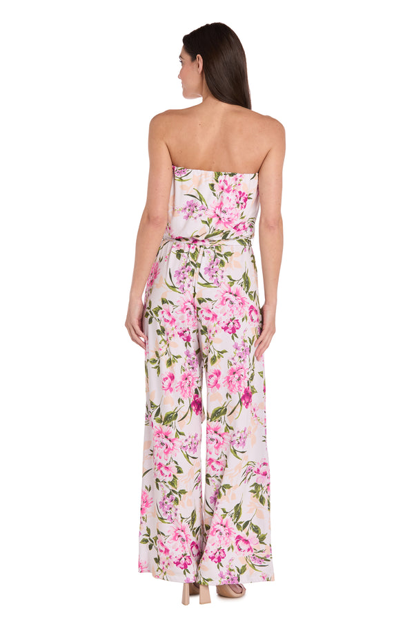 R&m Richards Strapless Pink & Green Floral Jumpsuit With Bow Tie Waist