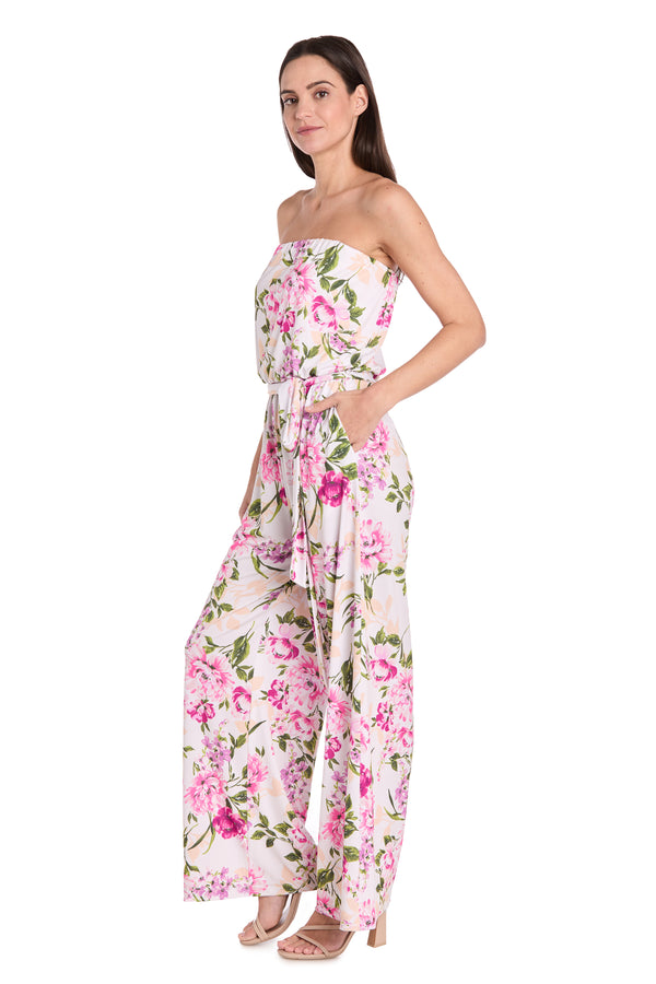 R&m Richards Strapless Pink & Green Floral Jumpsuit With Bow Tie Waist