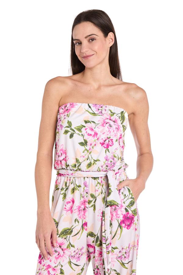 R&m Richards Strapless Pink & Green Floral Jumpsuit With Bow Tie Waist - Petite