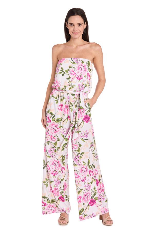 r&m richards Strapless Pink & Green Floral Jumpsuit with Bow Tie Waist - Petite